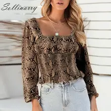 Sollinarry, Женские топы и блузки со змеиным узором, сексуальные рубашки, осенние зимние рубашки с квадратным воротником, модные женские блузки с оборками