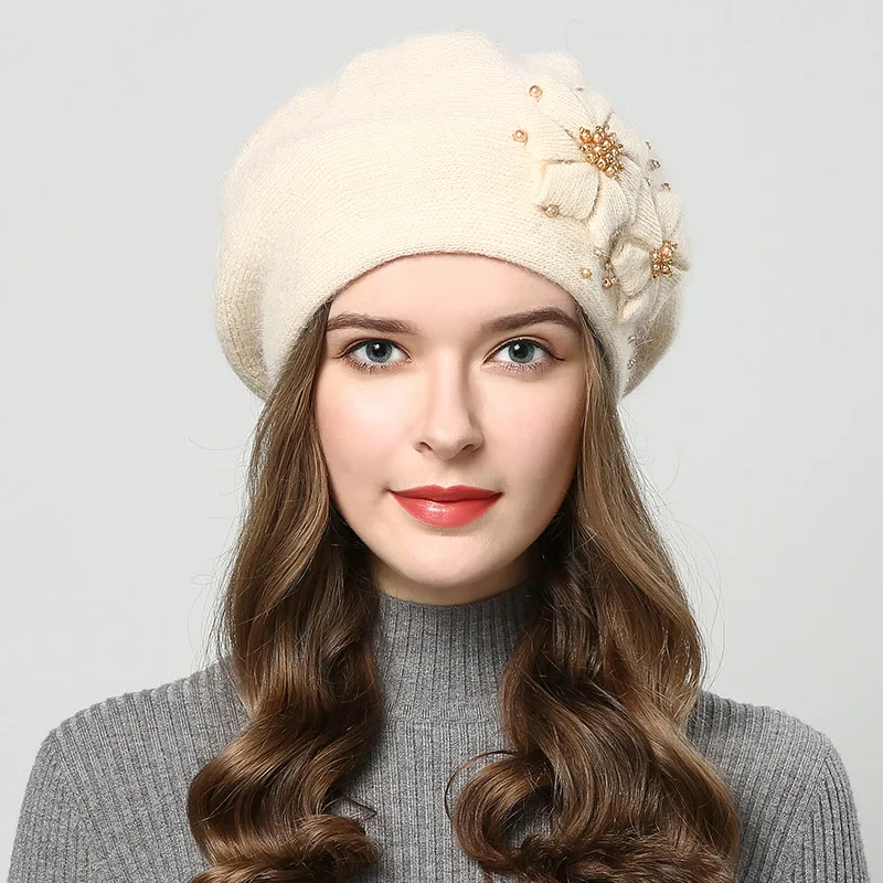 FS, осенне-зимние шапки для женщин, шапочки, стразы, цветы, мех кролика, шапка s, женская вязаная шапка, утолщенная теплая шапка