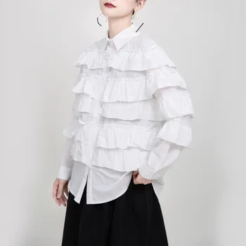 

Spring Summer Turn Down Collar Office Shirts Long Sleeve White Fold Pleaed Stitch Loose Temperament Shirt Women Fashion Tide