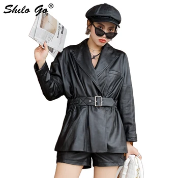 

Genuine Leather Jacket Office Lady Notched Neck Batwing Sleeve Buckle Belted Sheepskin Coat Women Casual Office Lady Outwear