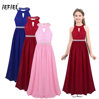 

Elegant Flower Girl Dresses Halter Sleeveless Chiffon Girls Dress Birthday Party Prom Solid Color Floral Lace Princess Dress