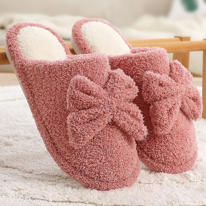 rubber red Bowknot Женские зимние домашние тапочки; нескользящие теплые домашние тапочки для спальни; плюшевые тапочки с бантом; женские шлепанцы с искусственным мехом; вьетнамки - Цвет: rubber red Bowknot
