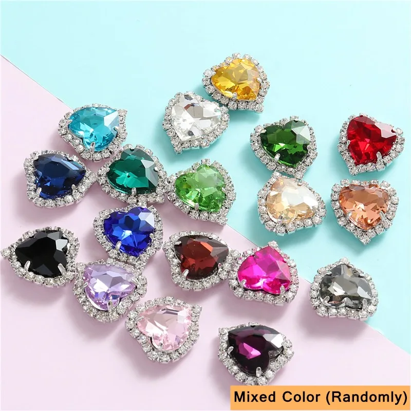 12mm 14mm Sewn Crystals Heart Glass Sew on Rhinestones With Silver Base Flatback Apparel Sewing Stones For Diy Clothing 