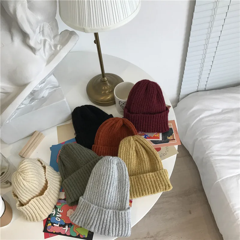Шапка бини вязаная шерстяная однотонная женская|Мужская Skullies & шапочки| |