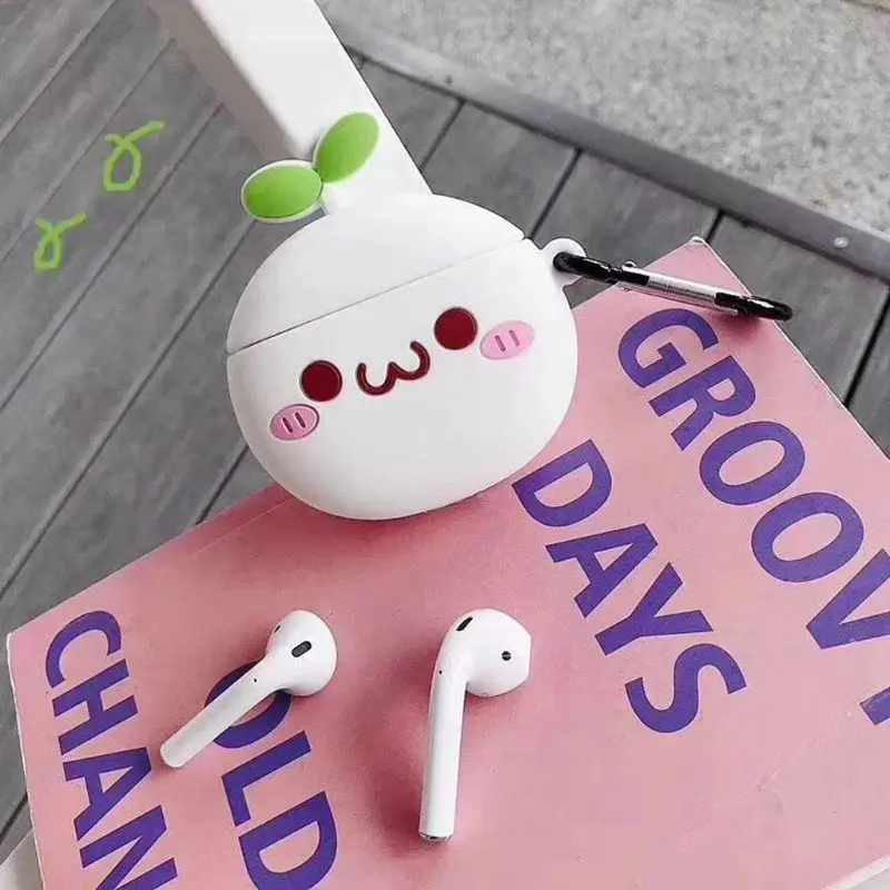 Cute Cartoon Grass Pattern Soft Silicone Protective Case Skin Protector with Carabiner for Airpods 1/2 Charging Box Accessories