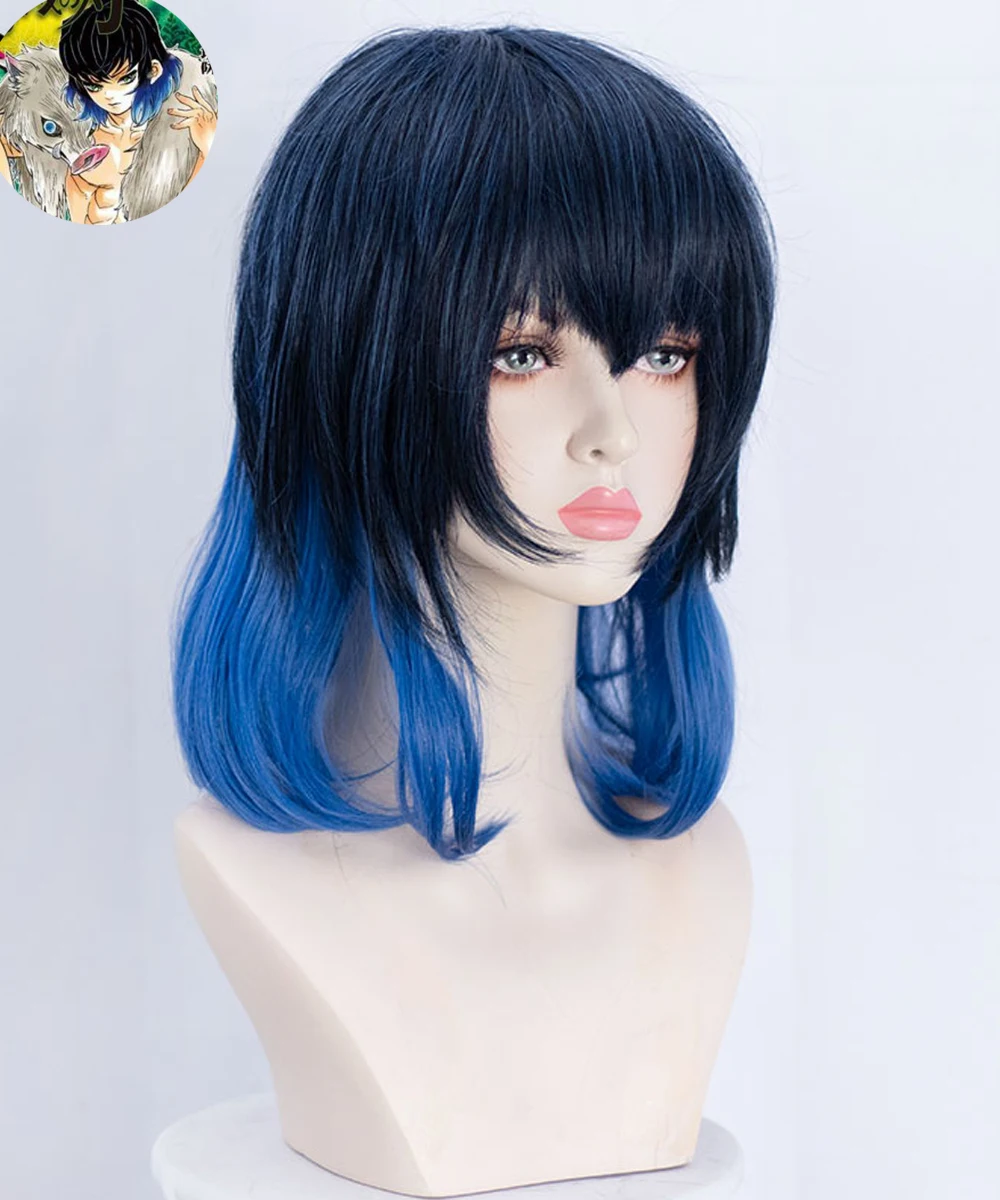 Парик для косплея HSIU Hashibira Inosuke из аниме рассекающий демонов с черным и синим