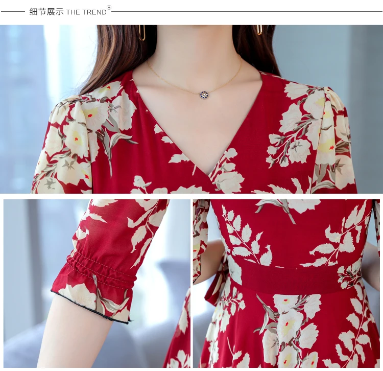 High Quality Plus Size Spring New Vintage Collect Waist 3/4 Sleeve Woman Long V Neck Chiffon Dress DC969