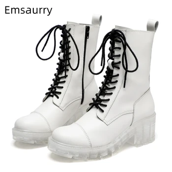 

British Style Cross-tied Winter Boots Women Round Toe Side Zip Med Heel Clear Transparent Heel Martin Boots Woman