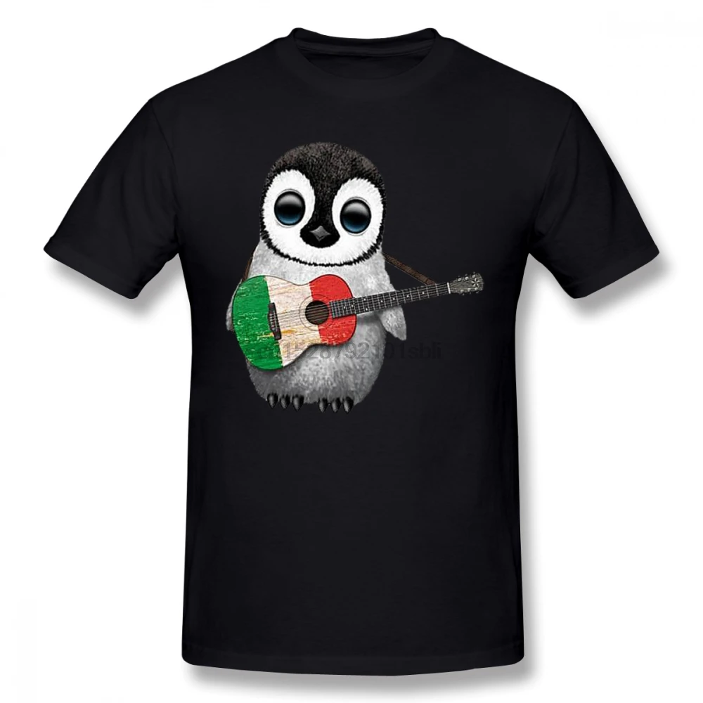 Baby Penguin Playing Italian Flag Guitar Men T Shirt Top Couples Plus Size O-neck Cotton Short Sleeve Custom T-shirts |