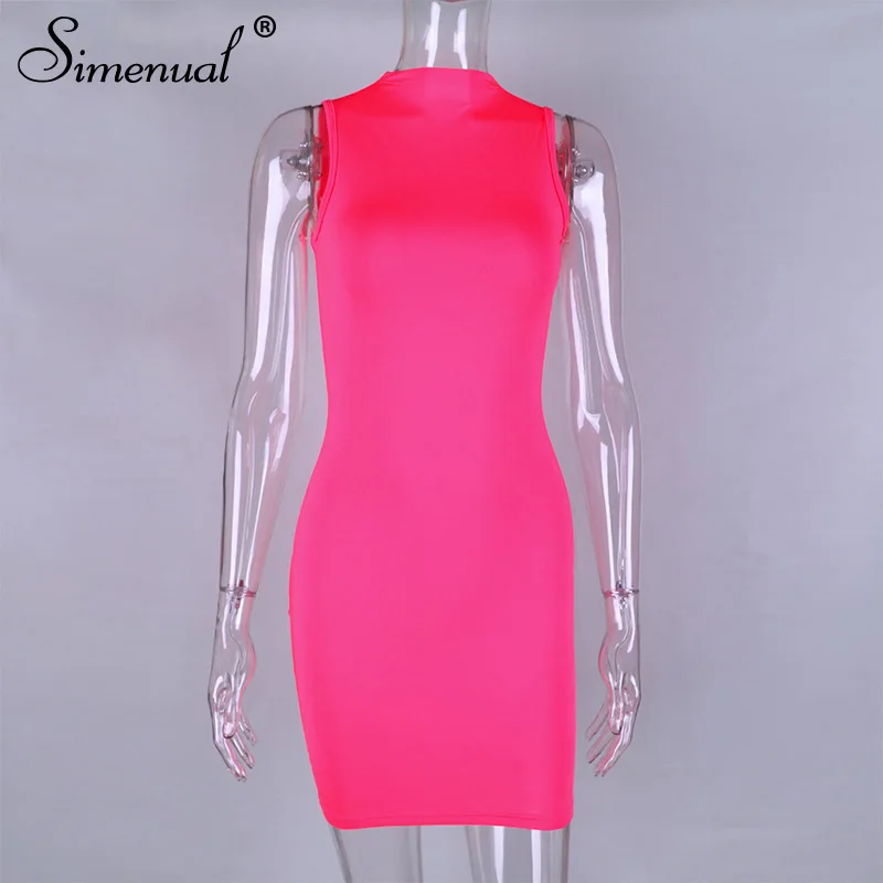 pink Simenual, неоновое, розовое, без рукавов, женское мини платье, бодикон, сексуальные, модные, вечерние, Клубная одежда, обтягивающие, одноцветные, тонкие, базовые,, Хит, платья, новинка - Цвет: pink
