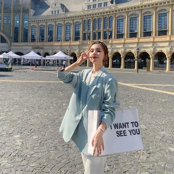 

YZY 2020 Autumn Clothing New Style Loose Suit Jacket Neck Mock Two-Piece Korean-style