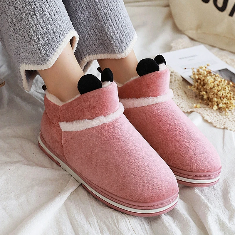 Preise Girseaby Big größe 44 Winter hause Paar Schuhe Warme pelz Nette Panda ohr Rosa Schwarz Flache Abdeckung ferse Plattform