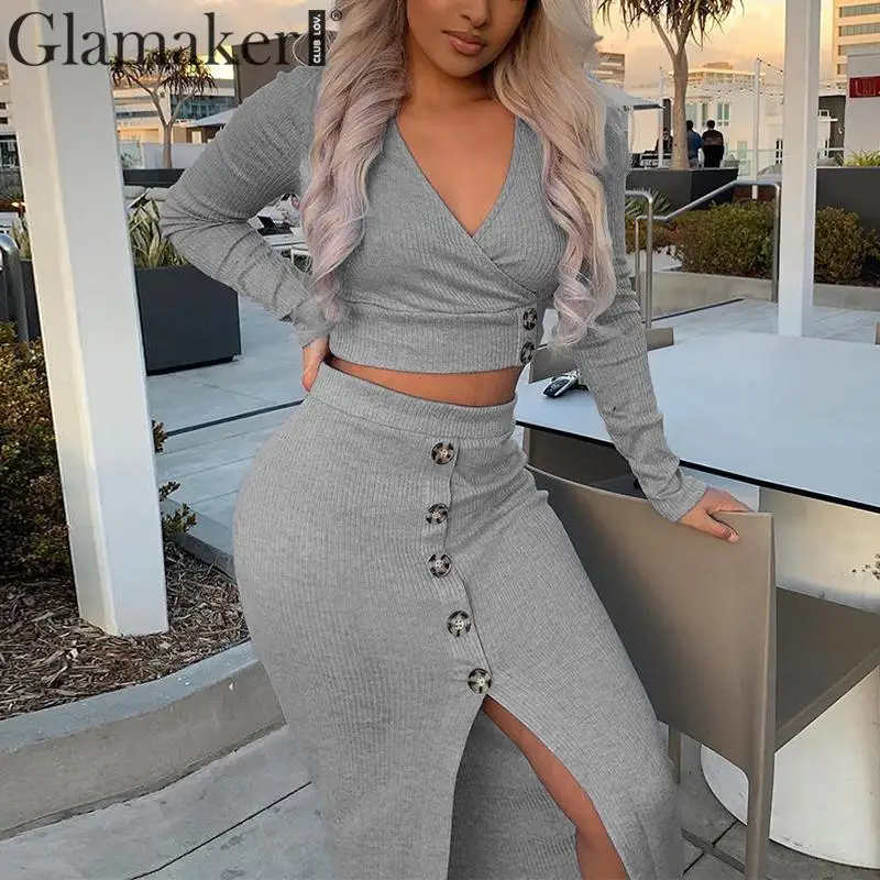 Glamaker вязаный костюм из двух частей сексуальное платье зимнее женское с v-образным вырезом элегантное платье миди осенние вечерние Клубные платья с длинным рукавом облегающее платье