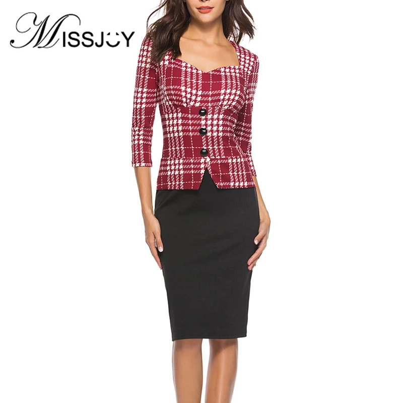 MISSJOY, осень, клетчатое лоскутное платье-карандаш, элегантные женские платья, офисная одежда, деловая одежда, рукав три четверти, высокая талия, черный цвет