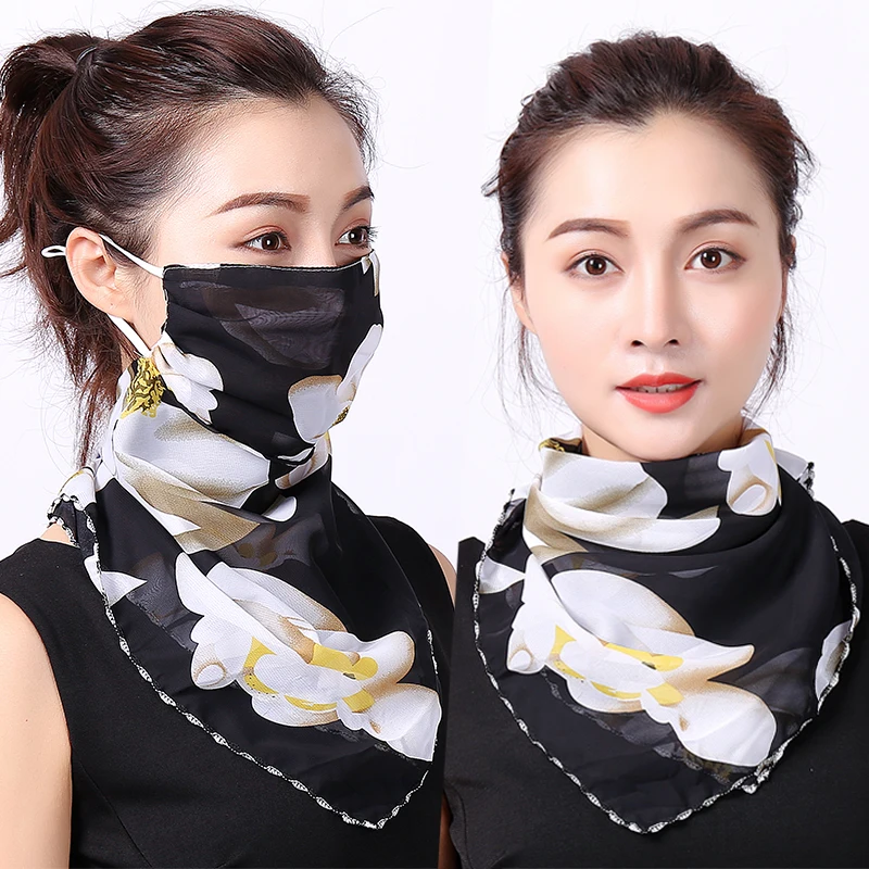 Reusable Face Mask Scarf Women Sun Protection Mouth Mask Neck Silk Scarves Outdoor Riding Chiffon Face Cover Shawl Handkerchief summer chiffon sunscreen fake collar clothing shawl outdoor riding printing sun protection sleeves silk scarf wrap shawl