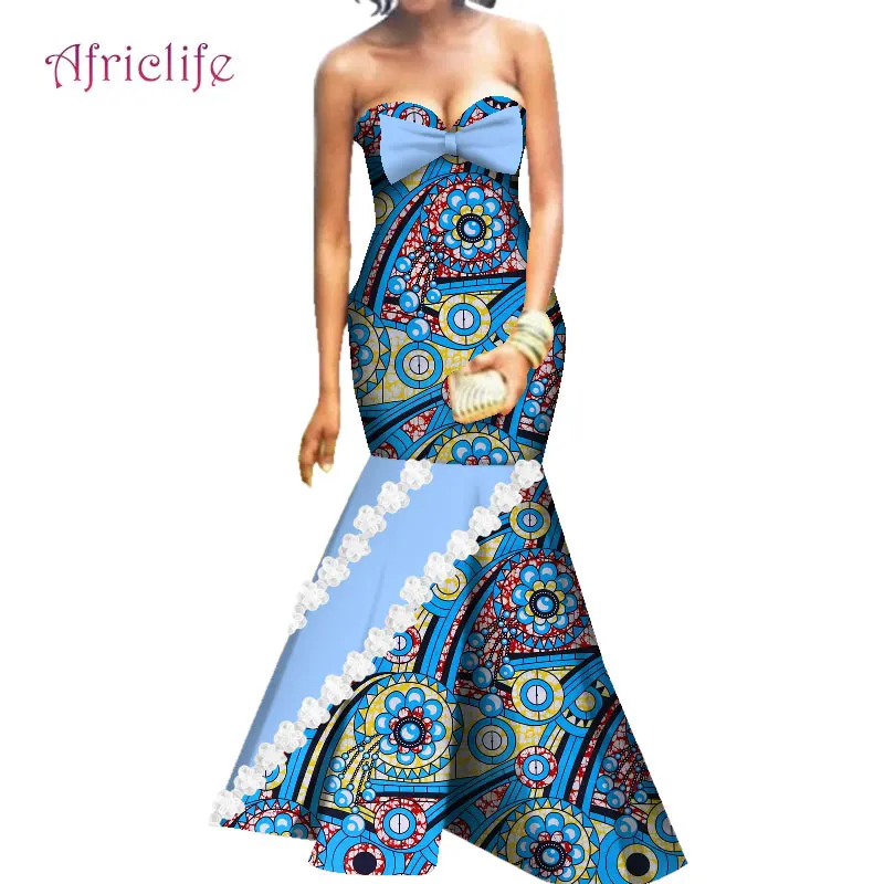 Custom Plus Size Clothing African Bazin Fabric Strapless Sleeveless Wedding Party Dresses WY4835
