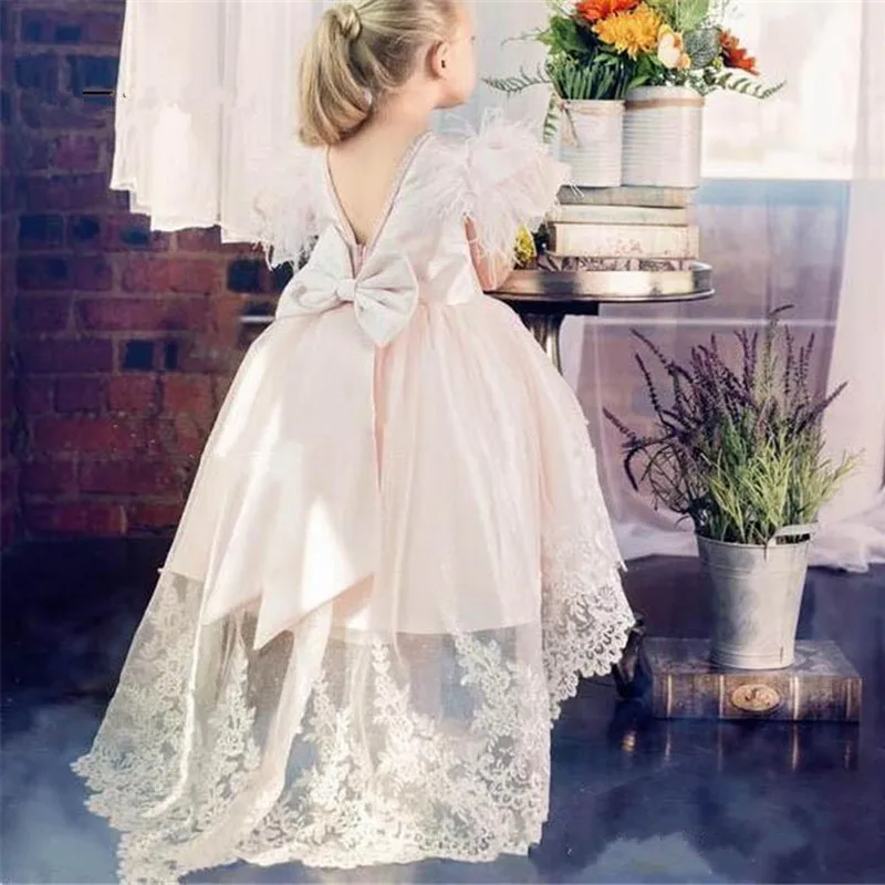 77Real Pictures Pink Flower Girl Dress White Lace Feather with bow High Low Style Girls Pageant Gowns Birthday Party Dresses