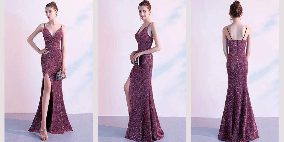 Это YiiYa официальное платье без рукавов Спагетти ремень блестками Русалка Robe De Soiree K085 Сплит Пол-длина платье женские Вечерние