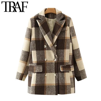 

TRAF Women Fashion Double Breasted Plaid Woolen Blazers Coat Vintage Long Sleeve Pockets Female Outerwear Chic Tops