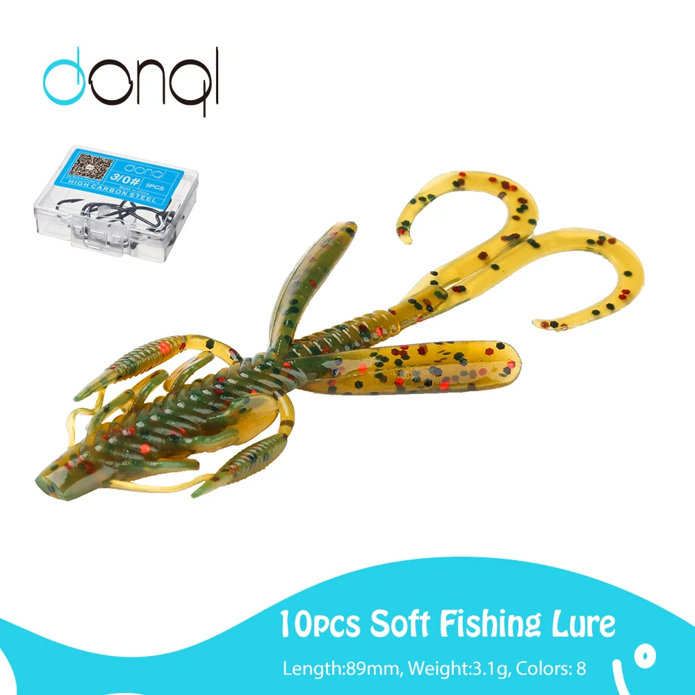 

DONQL 10Pcs Artificial Bait Kit Soft Silicone Strong Fishy Smell Shrimp Fishing Lures 89mm 3.1g + 5pcs 3/0# Crank Fishing Hooks