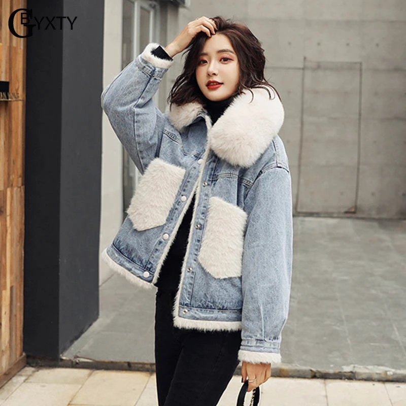 

GBYXTY Real Fox Fur Collar Flocking Parka Coat 2019 Winter Women Thick Loose Denim Jacket Warm Jeans Jacket Overcoat ZA1679
