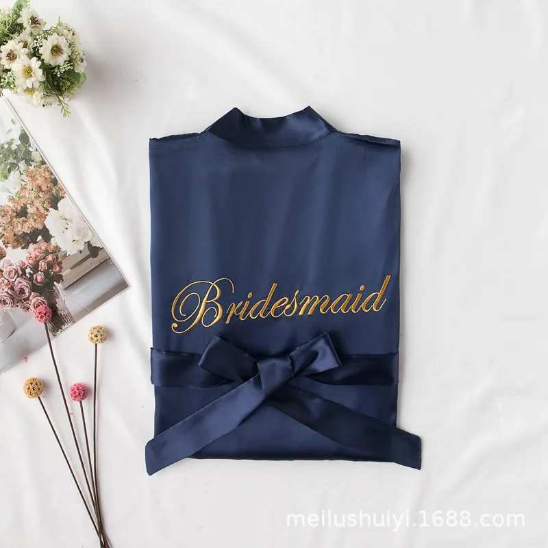 navy blue Bridesmaid Одежда для невесты Атласный халат невесты Элегантная пижама сексуальный район женский домашний халат Банный халат кимоно шелковый халат для сна - Цвет: navy blue Bridesmaid