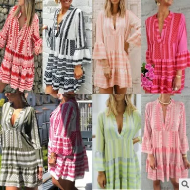 

Dress summer 2021 new printed dress loose European and American fashion V-neck chiffon pleated skirt