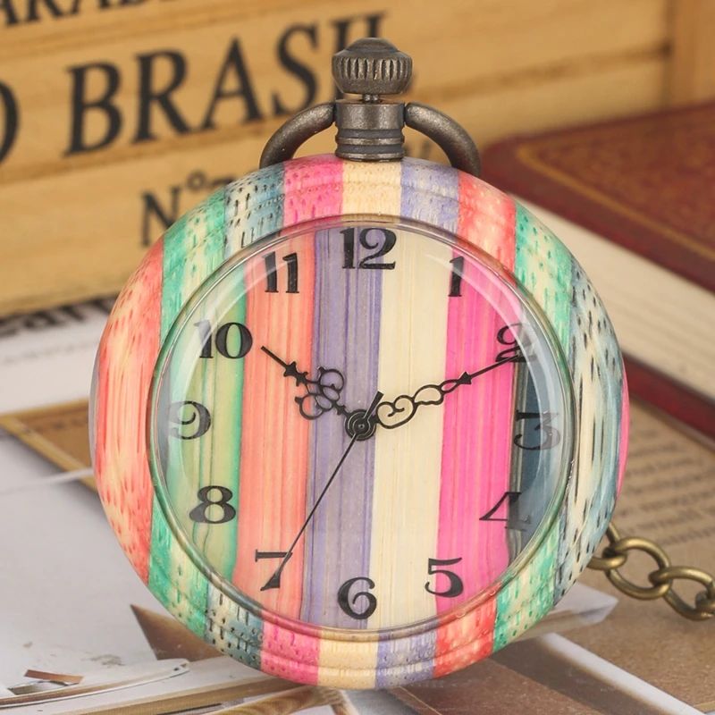 Уникальные цветные деревянные кварцевые карманные часы, модные конфетные Разноцветные деревянные часы с круглым корпусом, аналоговые