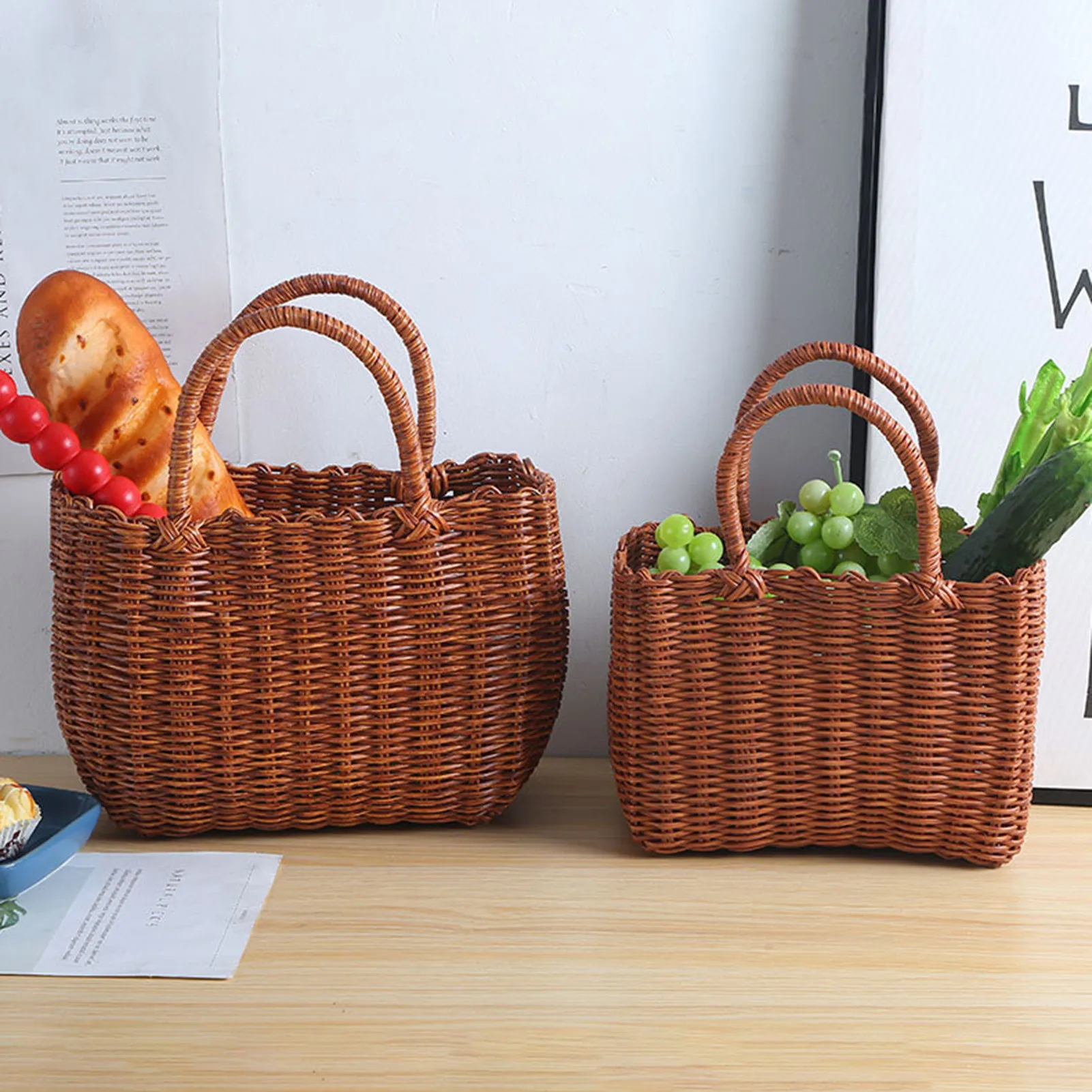 Plastic-Rattan-Shopping-Wicker-Basket-Picnic-Basket-With-Handle-Natural ...