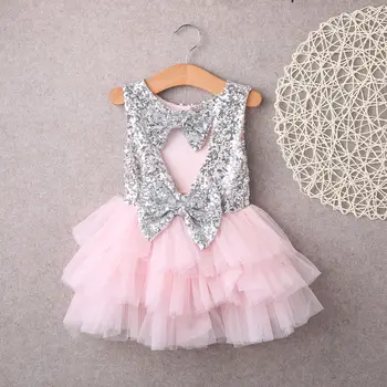 

Trendy Heart shaped Hollow Out Sequined Bow Decor Ruffled Tulle Party Dress For Toddler Girl