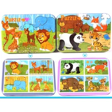 Puzzle en bois coloré 4 en 1, boîte en fer, cadeau Animal, jouet éducatif 3D pour bébé, bricolage, vente en gros pour enfants, nouvelle collection