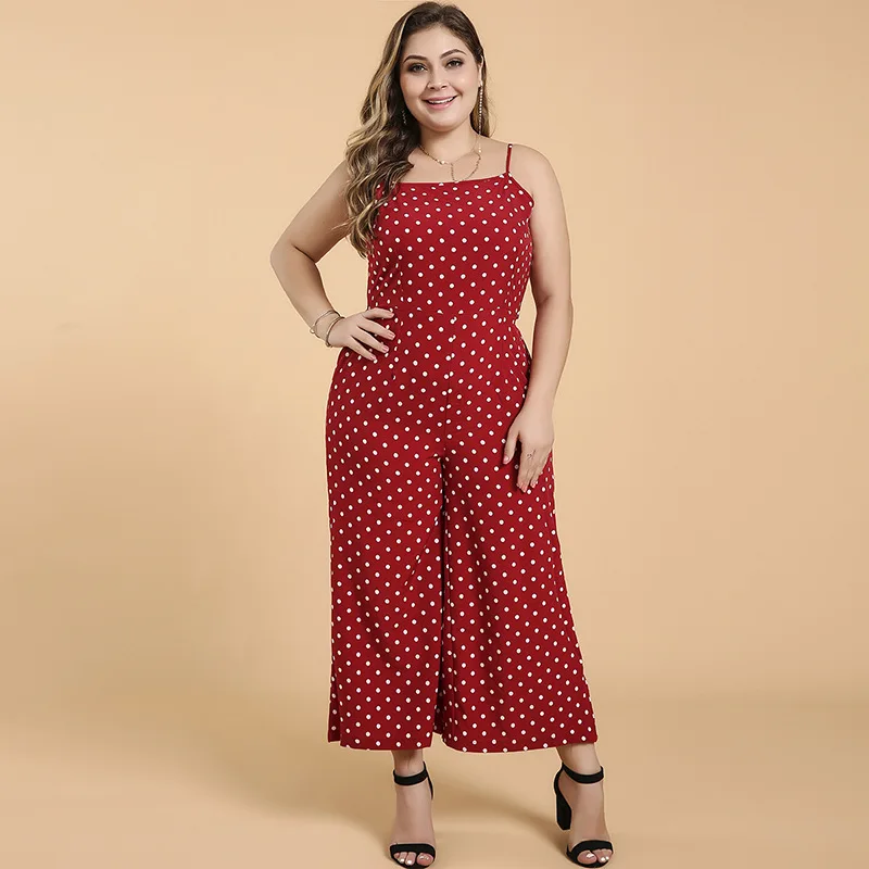 DOIB Women Polka Dot Rompers Red Bow Tie Spaghetti Strap Plus Size Playsuit Summer Wide Leg Large Size Jumpsuits 6XL