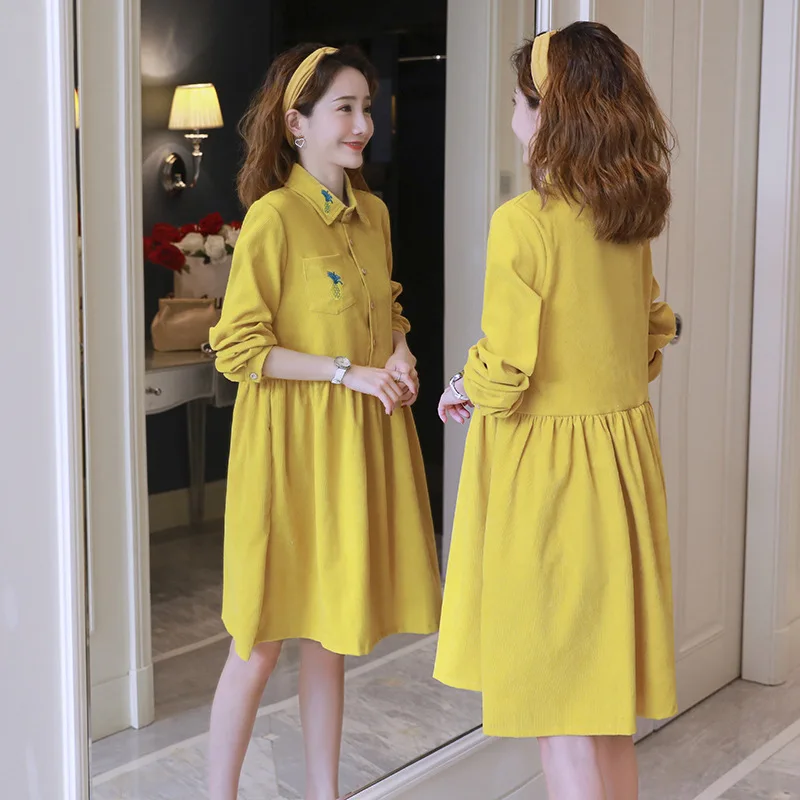 

Maternity Clothes 2020 Spring Clothing Korean-style Long Sleeve Fold-down Collar Embroidery Loose And Plus-sized Corduroy Pregna
