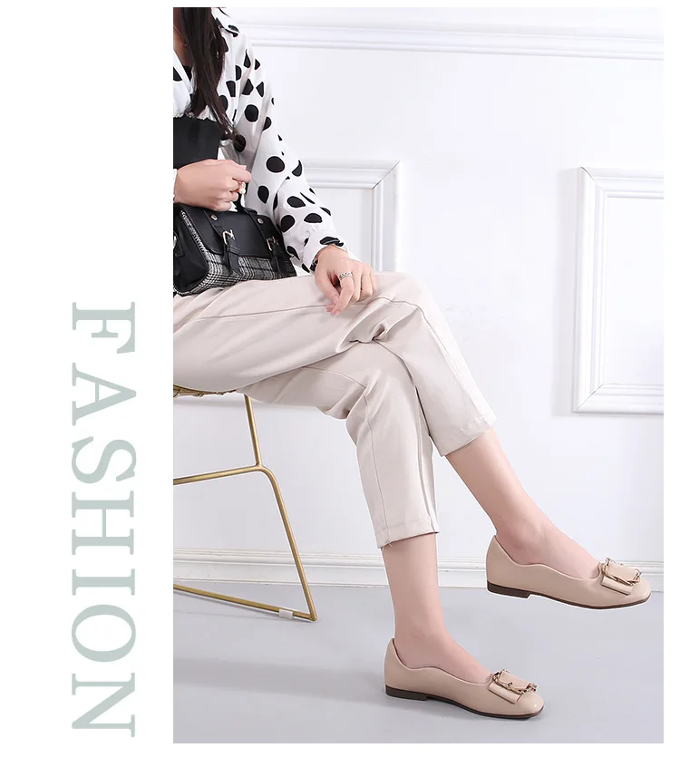 Flat Single Shoes Square Toe Shallow Mouth Metal Buckle Peas Shoes Soft Comfort Casual Shoes Fashion Oxford Bottom Women's Shoes