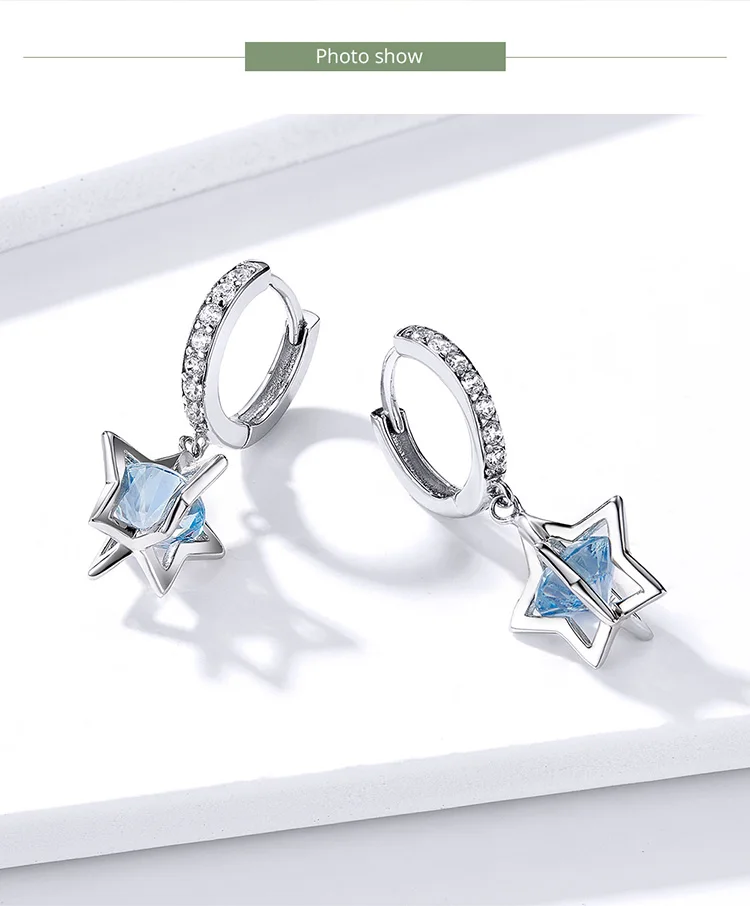 Серьги со звездами BISAER, 925 пробы, серебряные светящиеся серьги-гвоздики со звездами для женщин, прозрачные кубические циркониевые ювелирные изделия EFE316