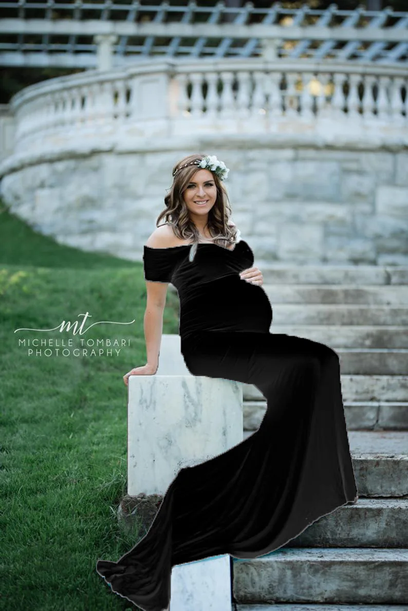 Elegence Shoulderless Maternity Shoot Dress Cute Pregnancy Photography Dress For Baby Shower Pregnant Women Maxi Gown Photo Prop (8)