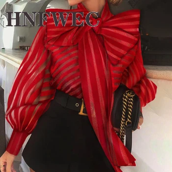 

Striped Blouse For Female Bowknot Collar Lantern Long Sleeve Loose Lace Up Women's Shirts Clothes 2020 Fashion new Tide Y756