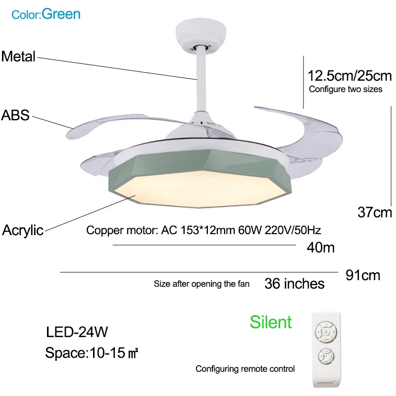 Modern folding wing ceiling fans macaron led for dining room plafond ventilator ceiling fan light with remote control led fans - Blade Color: Blue 36 inch