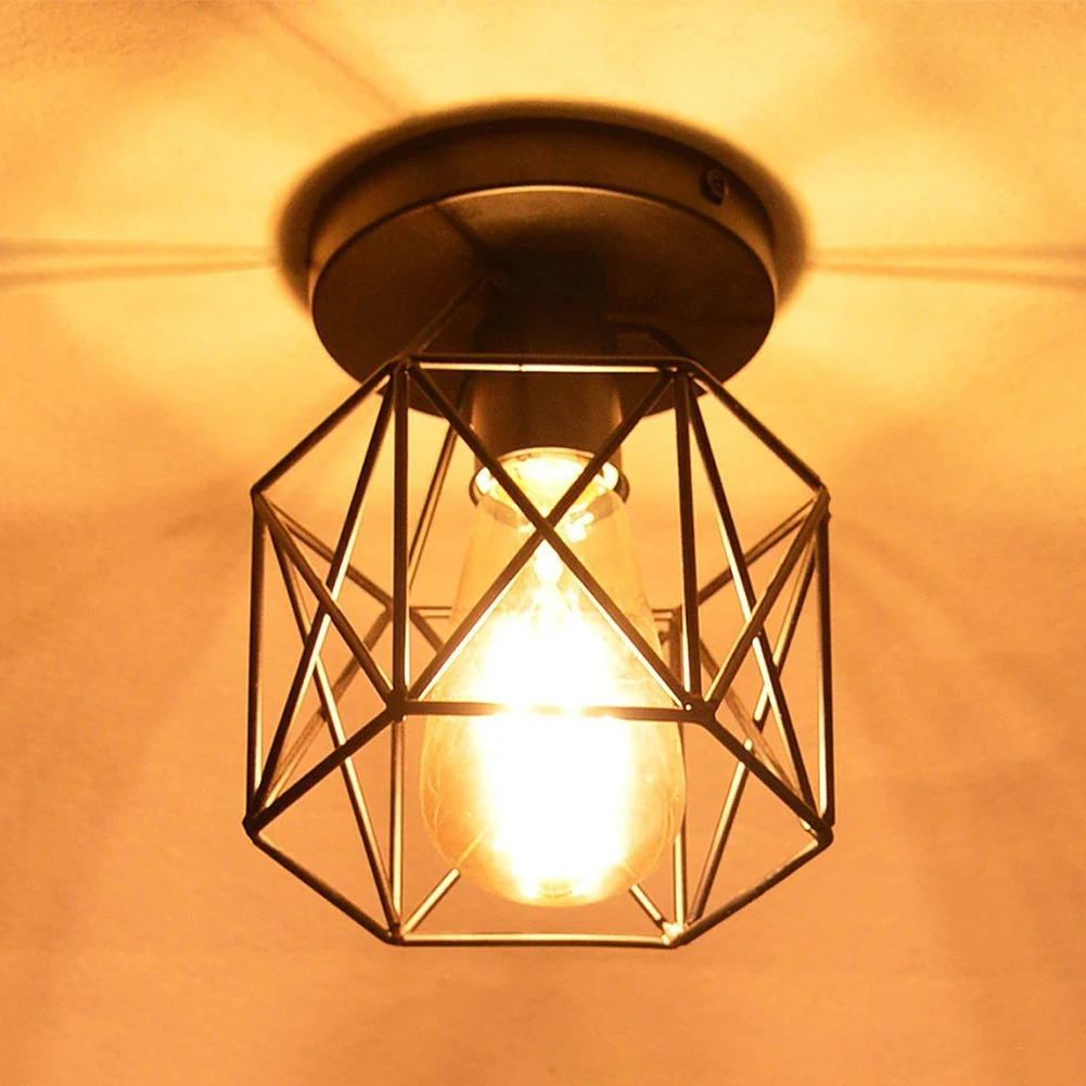 

E27 Socket Dining Room Industrial Vintage Hollowed Out Home Wrought Iron LED Ceiling Light Balcony Semi Flush Mount Porch Bar