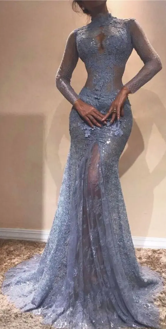 Long Sleeves Lace-Appliques Prom Dresses High Neck Mermaid Evening Gowns