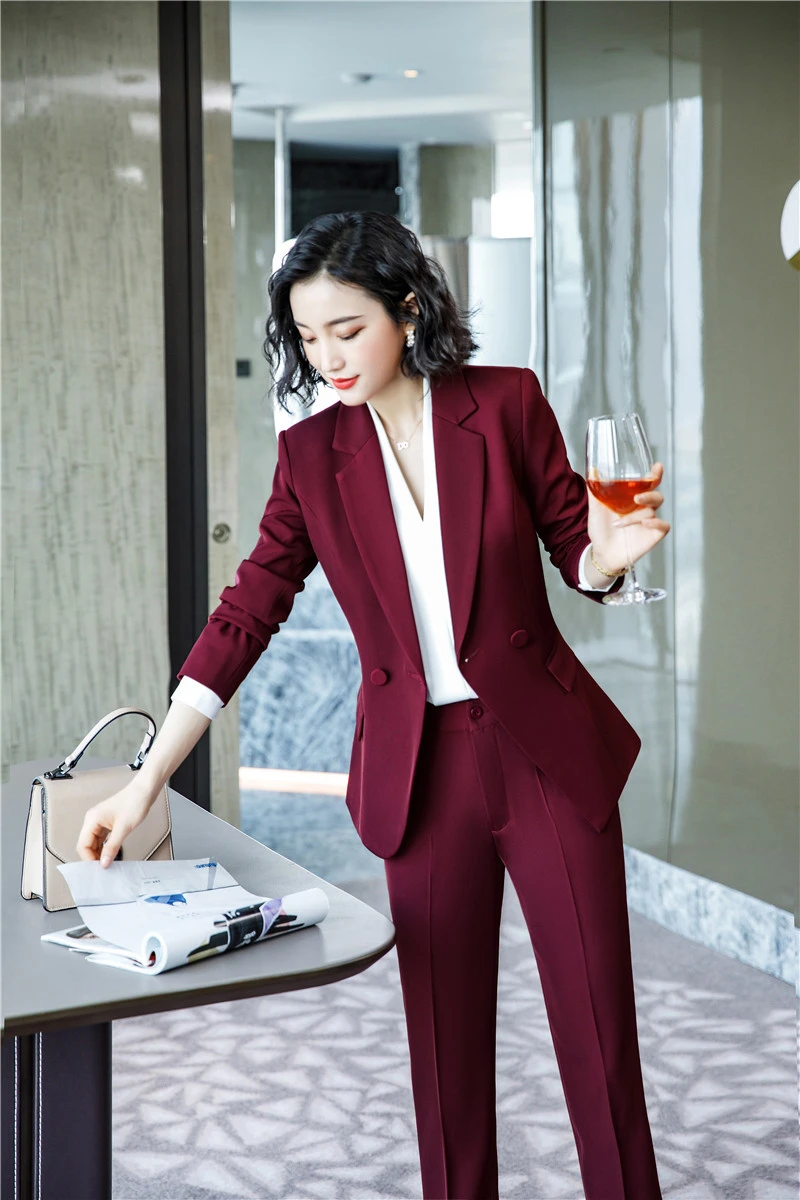 Wine Новинка вино официальные деловые костюмы со штанами и куртками пальто для женщин Дамская Офисная Рабочая одежда осенние зимние блейзеры брючные костюмы - Цвет: Wine