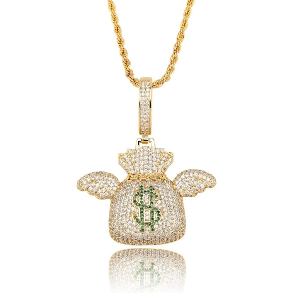 

Iced Out Chain Flying Money Bag Pendant Men's Gold Silver Color Necklace Bling Zirconia Simulated Diamond Hip Hop Jewelry Gifts