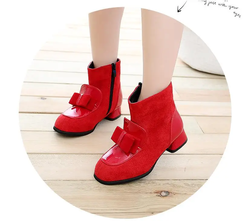 Модные детские ботинки; теплые зимние ботинки; Botas; Ботинки martin на высоком каблуке с пряжкой для девочек; сезон весна-осень; детские ботинки из флока