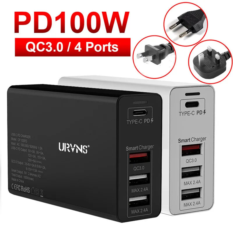 URVNS 100W 4 Port USB C Power Adapter PD 100W/87W/65W/45W/30W/18W Type C Fast Charger for Macbook Pro 13/15/16 iPhone 8 11 XS XR|Mobile Phone Chargers| - AliExpress