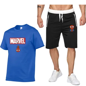 

t-shirt Superman/spider man/ set men fitness shirts men t shirts + Shorts Casual Tracksuits Male Track Suit Plus Size 2XL