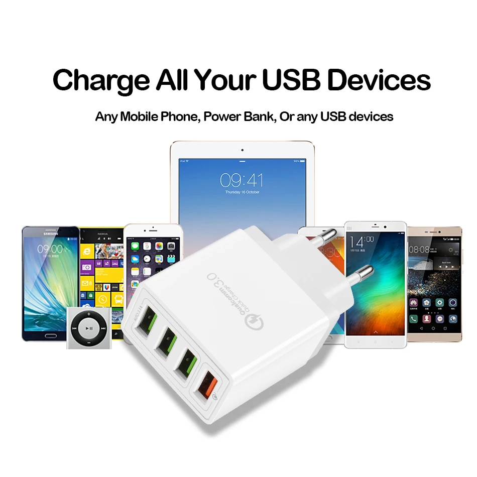 Зарядное устройство USB 4 порта Quick Charge 3,0 для Samsung iPhone XiaoMi настенный мобильный телефон Универсальный адаптер Быстрая зарядка 4,0 CinkeyPro