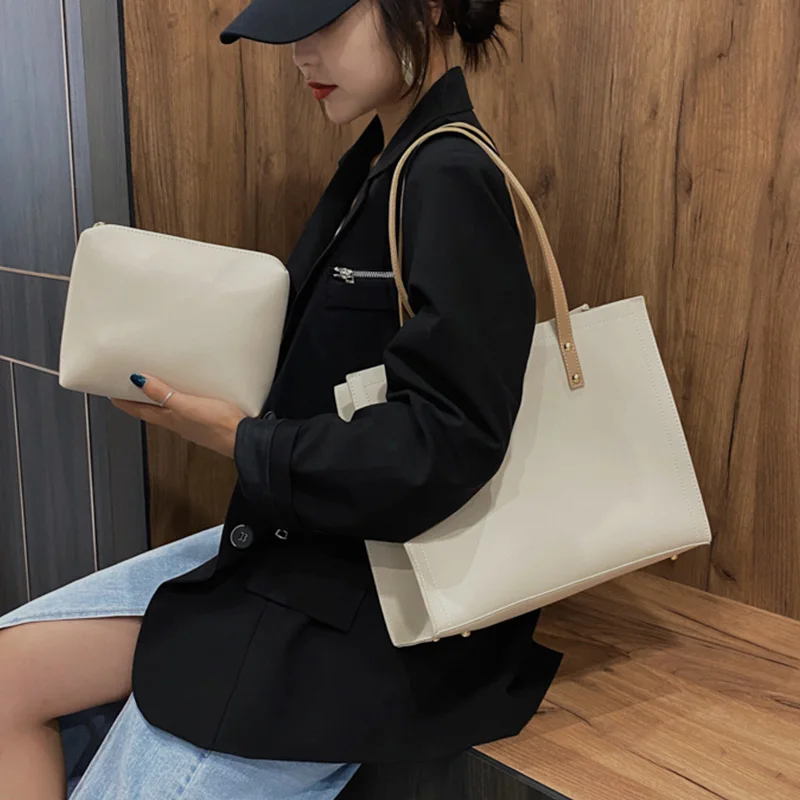 

2 Sets Women's Leather Handbag Luxury Big Tote Bag Solid Color Composite Bag Female Large Capacity Simple Shoulder Shopping Bag