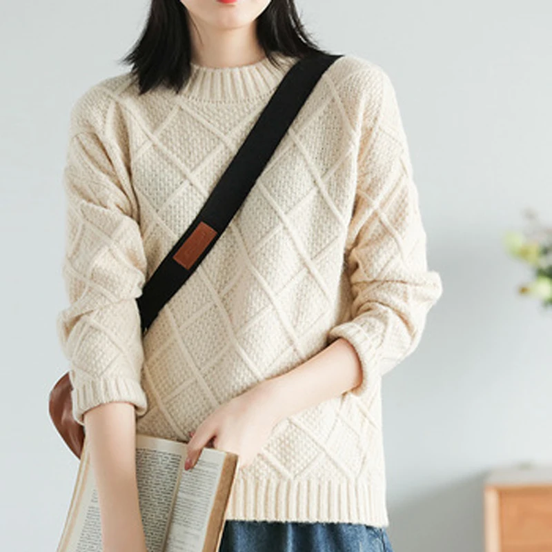 Johnature Loose Comfortable Autumn Winter O-neck Argyle Pullover Sweater New Fashion All-match 4 Color Women Thick Sweater