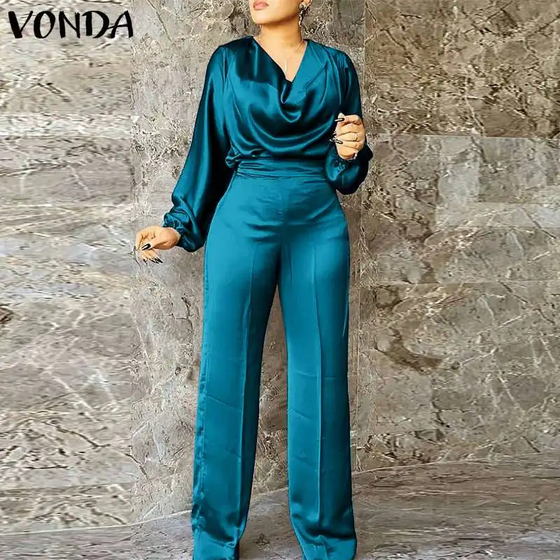 V Neck Puff Sleeve Silk Casual Wide Leg Jumpsuit 1