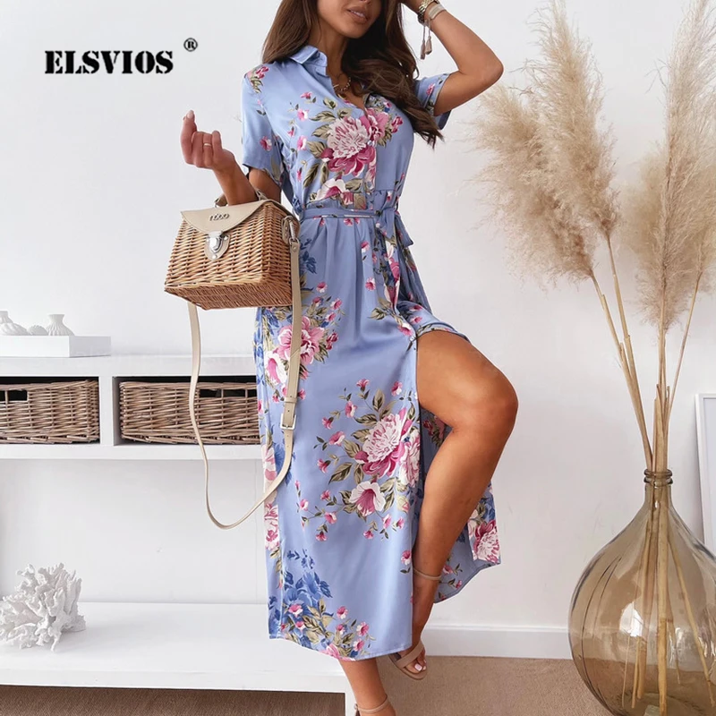 

New Summer Bohemian Shirt Dress Women Floral Print Turn-down Collar Short Sleeve Buttons Dress Elegant Spring Party Maxi Dresses